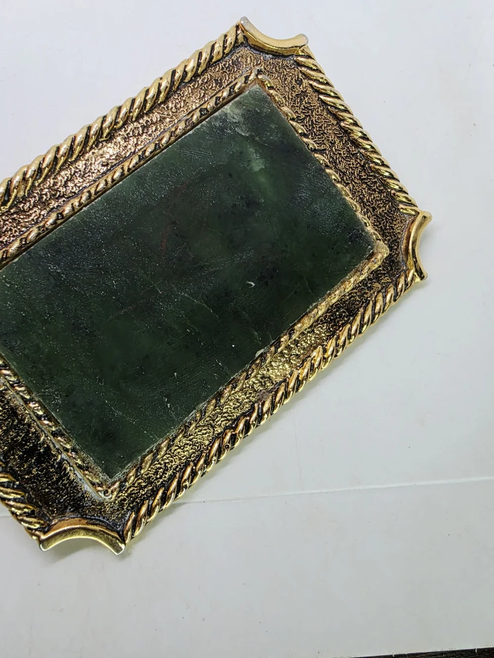 Vintage Gold Tone Western Belt Buckle Nephrite Jade Stone Slab Rope Edge Frame